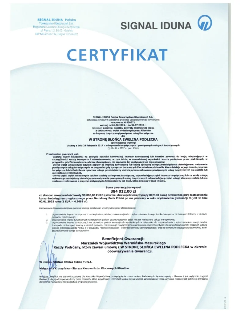 Gwarancja ubezpieczeniowa. Biuro podróży W stronę słońca